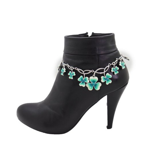 Women Silver Metal Chain Boot Bracelet Shoe Bright Baby Blue Clover Flower Charm - Picture 9 of 12